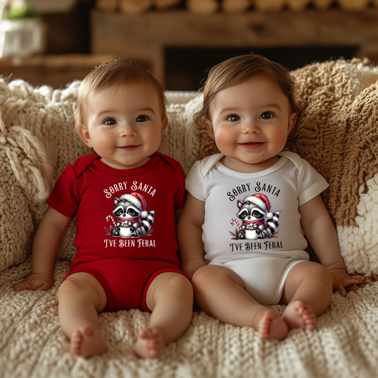 Sorry Santa, I've Been Feral Baby Raccoon Funny Bodysuit, Christmas Outfit for Infants, Holiday Gift, Baby Shower Present, Cute Raccoon Design, Sorry Santa