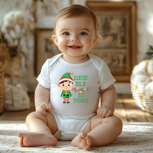 New Elf in Town Infant Bodysuit - Cute Baby Outfit, Christmas Gift, Holiday Apparel, Newborn Onesie, Festive Baby Clothes