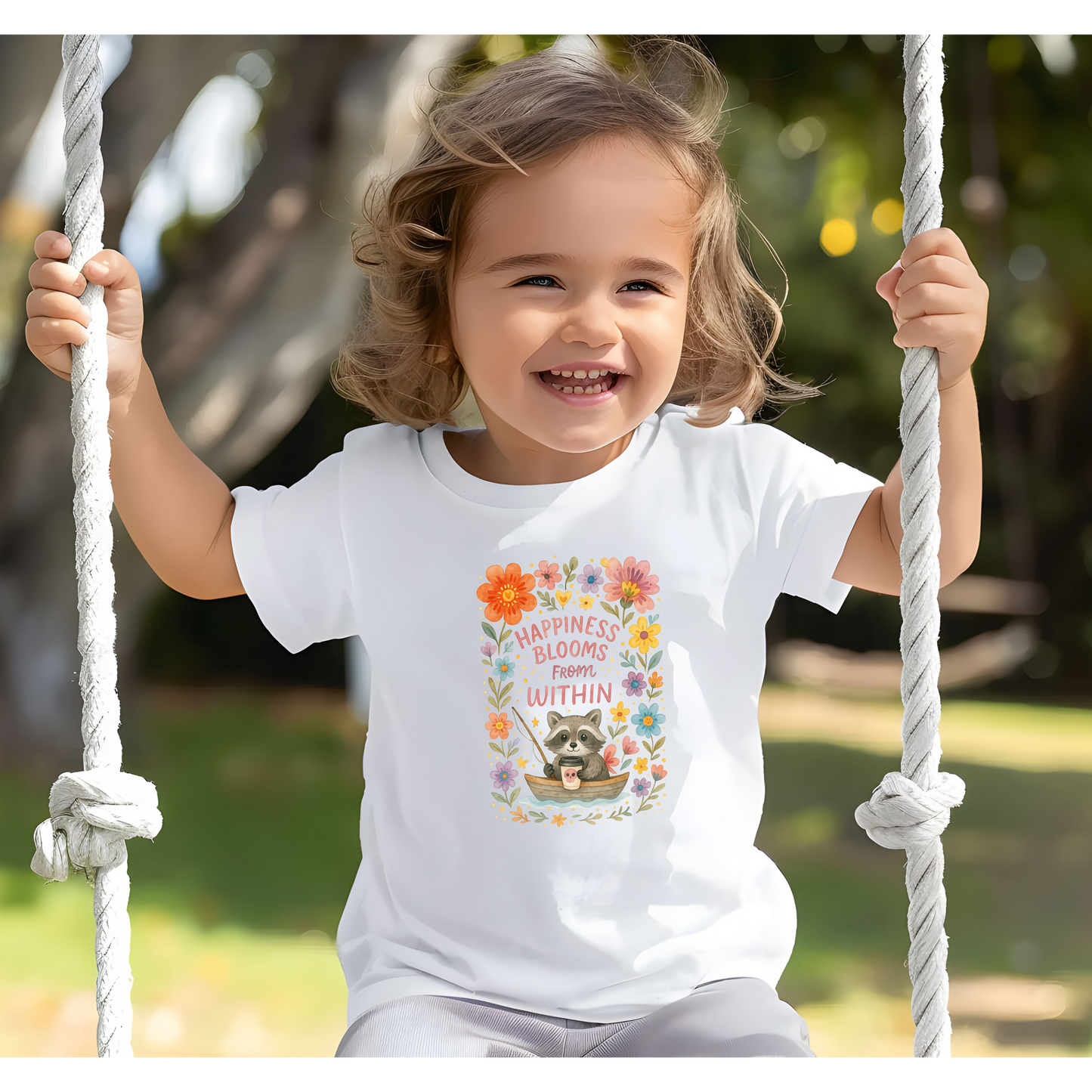 Floral Raccoon Toddler Tee -  'Happiness Blooms from Within' Design