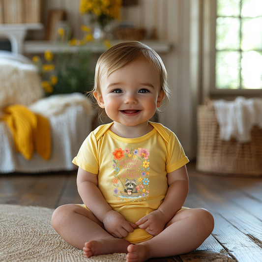 Happiness Blooms From Within Baby Raccoon Infant Bodysuit, Cute Baby Suit, Floral Baby Clothing, Newborn Gift, Baby Shower Outfit, Spring Baby Wear