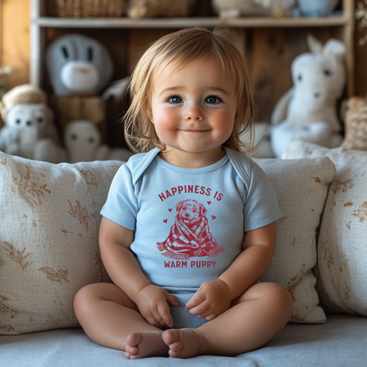 Baby Onesie "Happiness Is a Warm Puppy" - Retro Puppy in Blanket