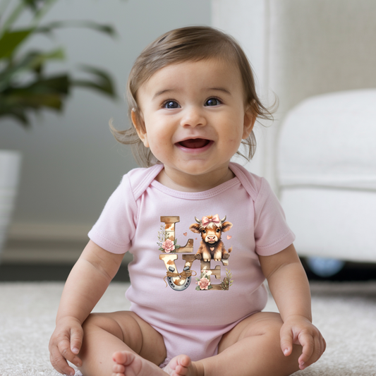 ‘LOVE’ Floral Highland Cow Onesie