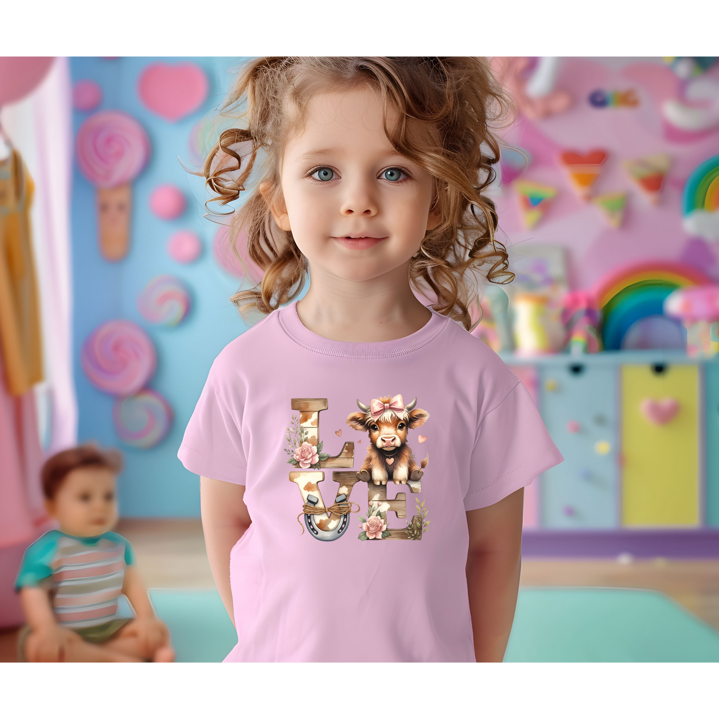 'Love' Floral Baby Highland Cow Toddler Tee