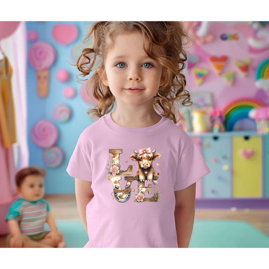 'Love' Floral Baby Highland Cow Toddler Tee