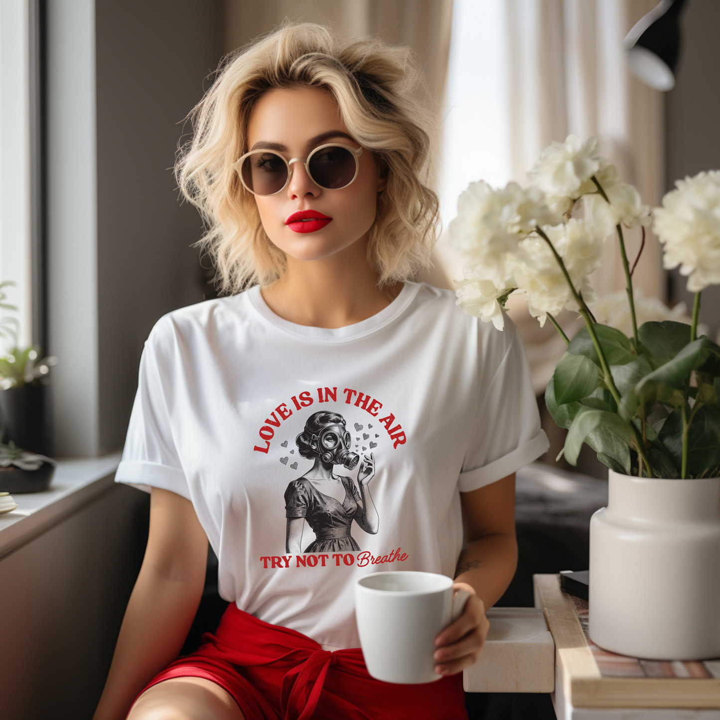Love Is in the Air, Try Not to Breathe Vintage Gas Mask Design Tee