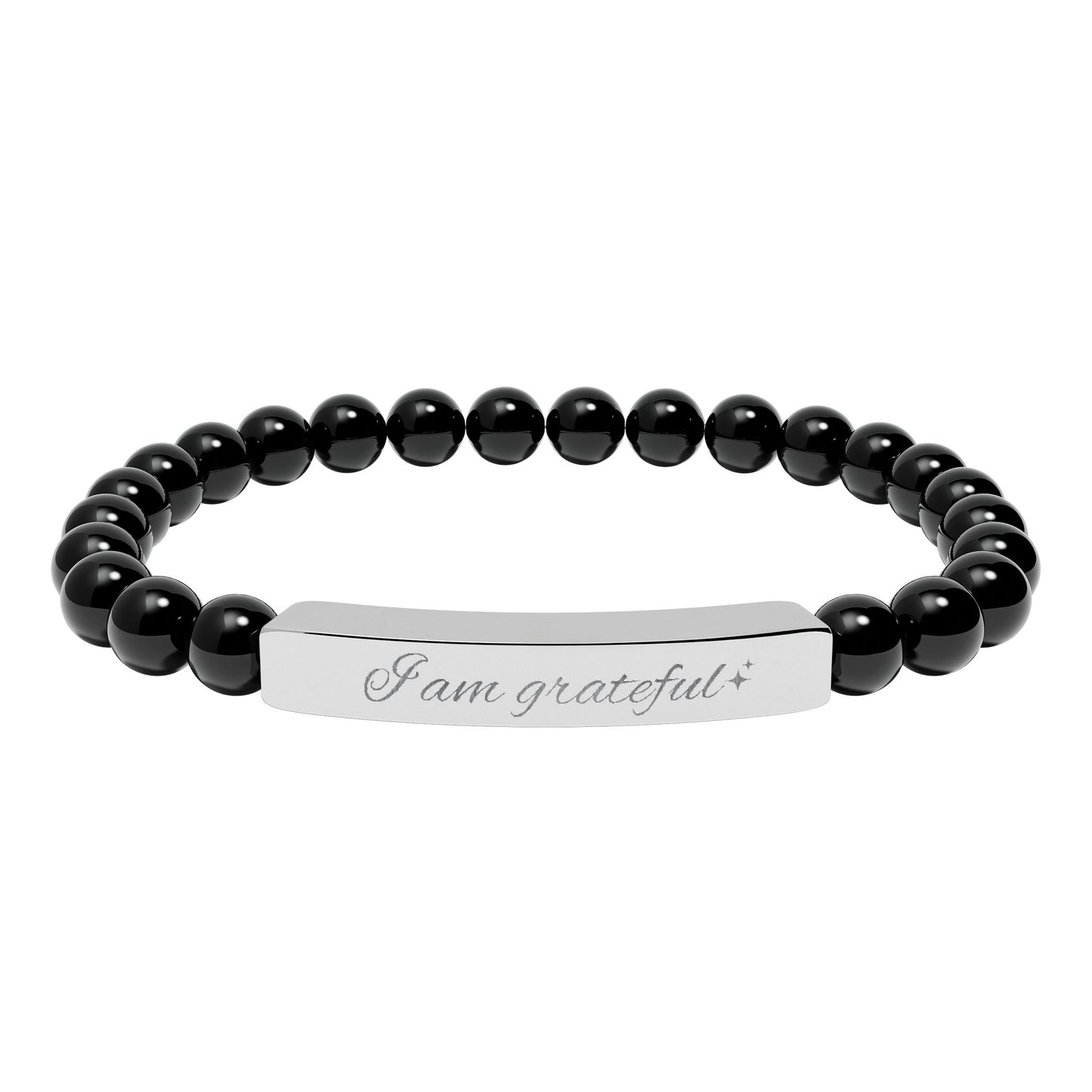 Engraved Natural Stone Stretch Bar Bracelet — "I am Grateful"