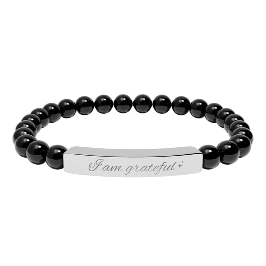 Engraved Natural Stone Stretch Bar Bracelet — "I am Grateful"