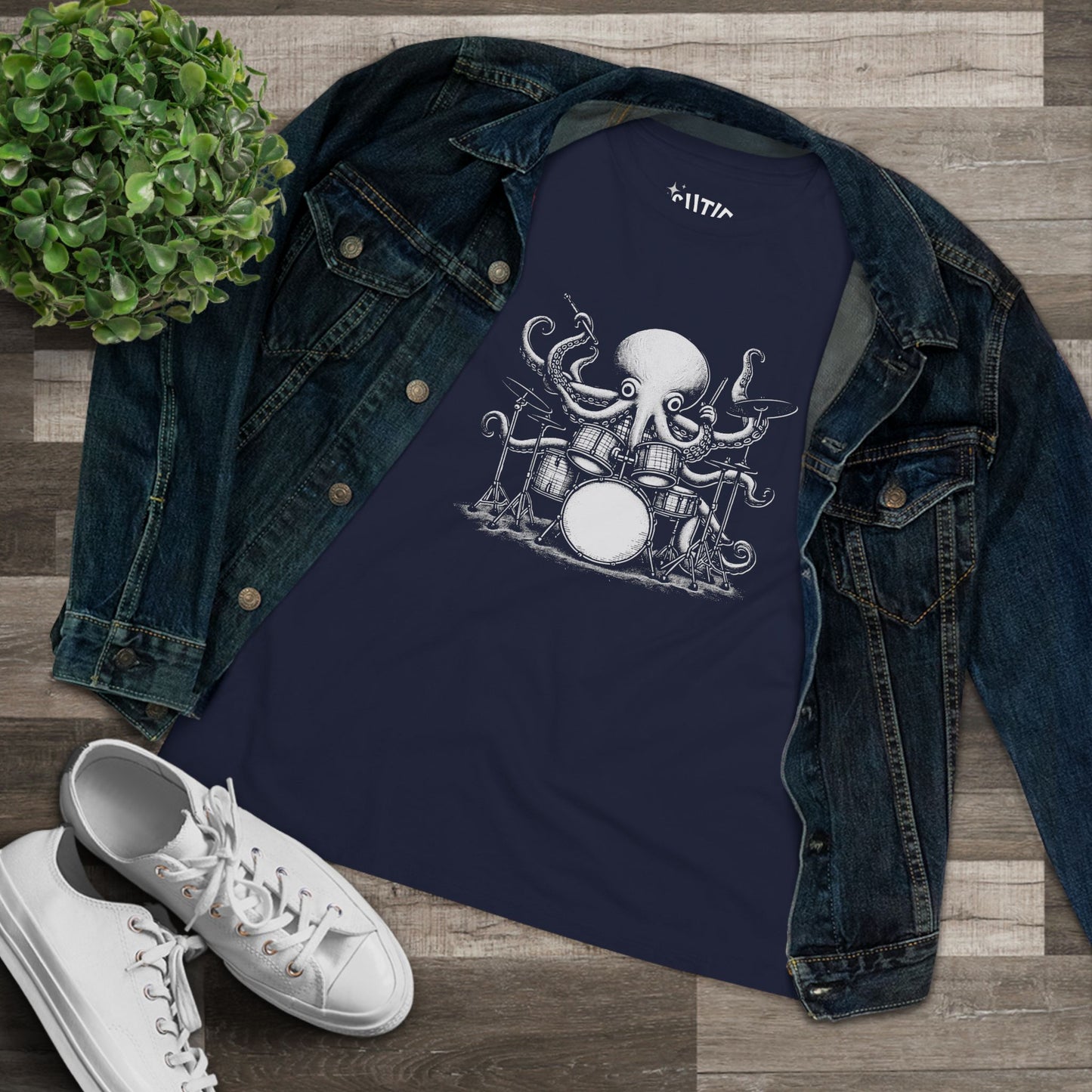 Octopus Drummer Women's Cotton Tee - Music Lover Whimsical Tee