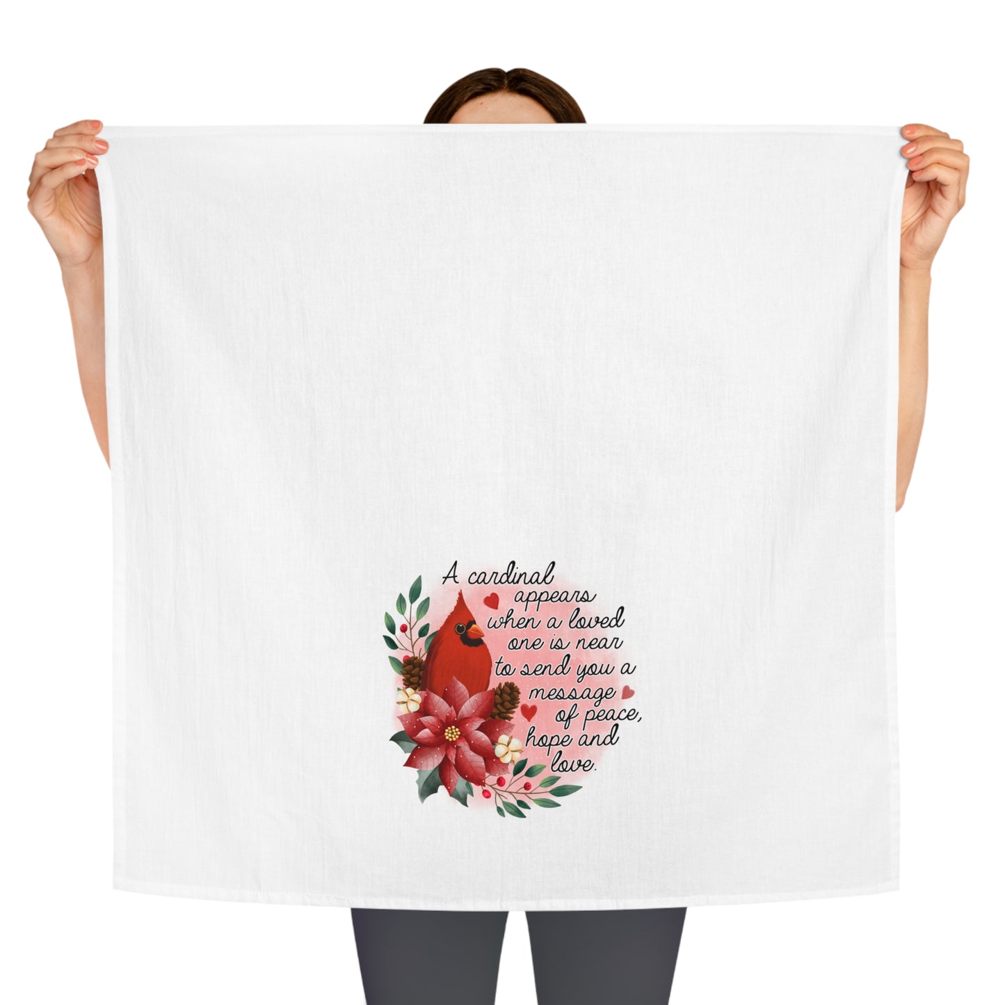 Cardinal Tea Towel with Message of Peace and Love, Kitchen Decor, Gift for Bird Lovers, Holiday Table Setting, Housewarming Gift