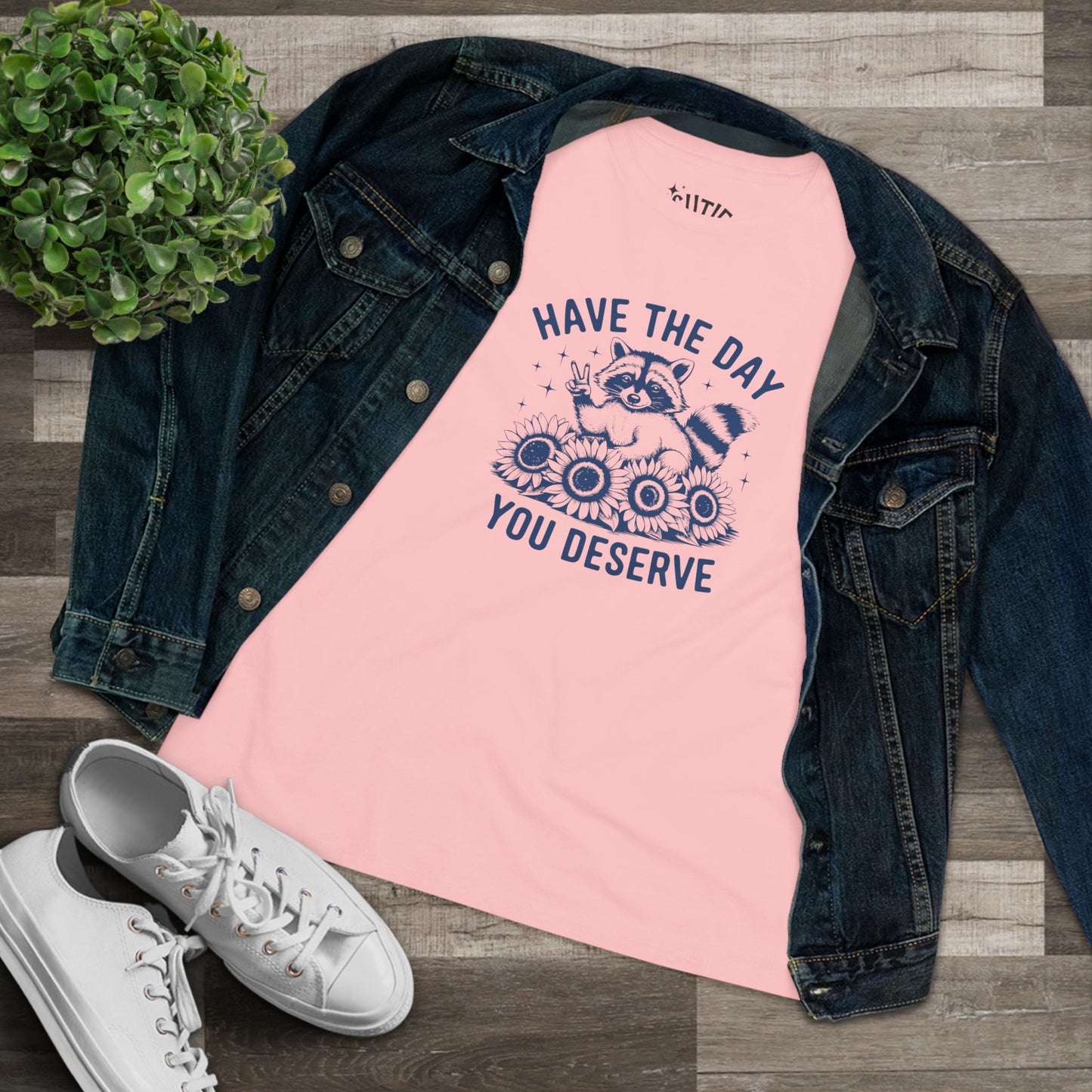 Raccoon Women's Cotton Tee - "Have the Day You Deserve", Casual Wear, Graphic Tee, Gift for Her, Everyday Style