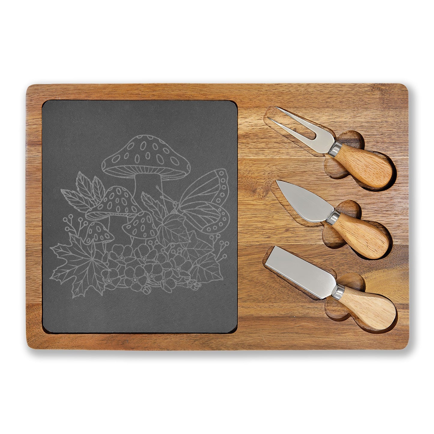 Engraved Charcuterie Board with Slate Inset — Mushroom & Floral Design