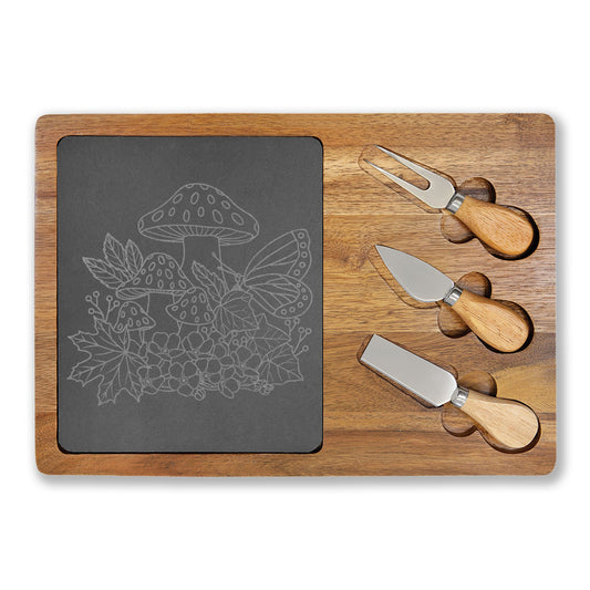 Engraved Charcuterie Board with Slate Inset — Mushroom & Floral Design