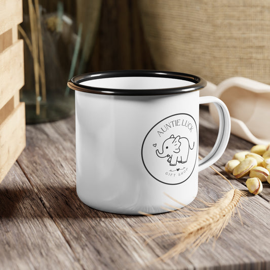 Signature Auntie Luck Logo Enamel Camp Cup - Perfect Gift for Animal Lovers, Cute Coffee Mug for Camping, Birthday, or Home Use