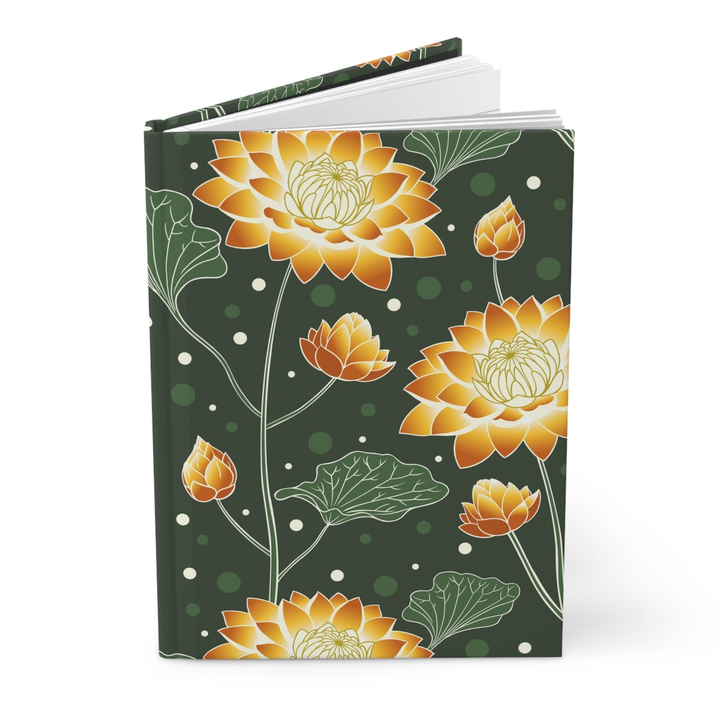 Floral Lotus Hardcover Journal — Matte Green & Golden Bloom Notebook