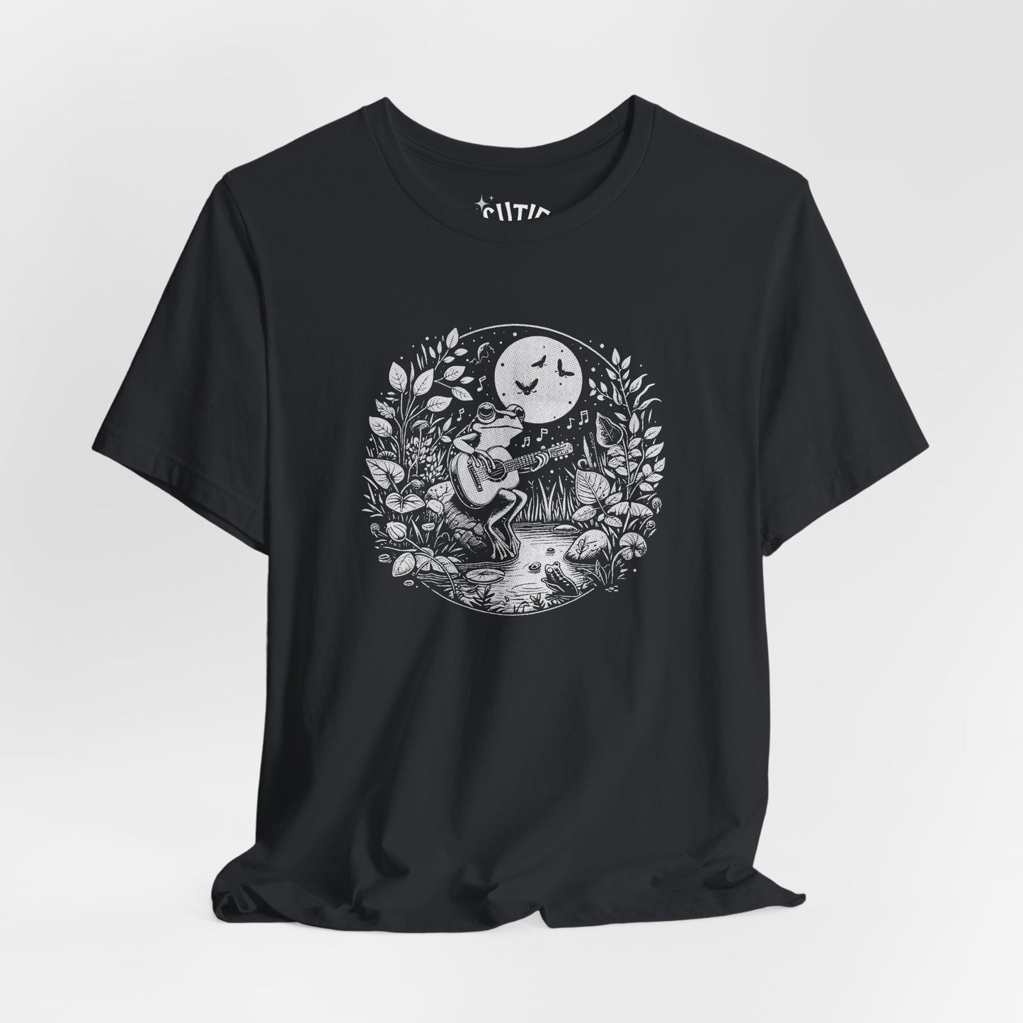 Frog with Guitar Nature Graphic Tee, Unisex Outdoor Shirt, Casual Wear, Gift for Nature Lovers, Music Theme Apparel, Bohemian Style Clothing