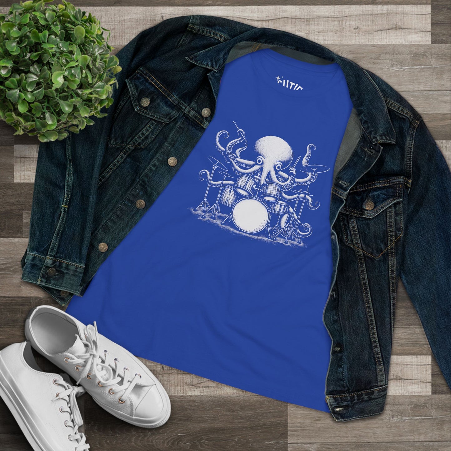 Octopus Drummer Women's Cotton Tee - Music Lover Whimsical Tee