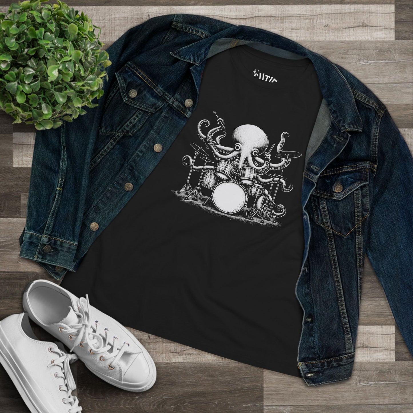 Octopus Drummer Women's Cotton Tee - Music Lover Whimsical Tee