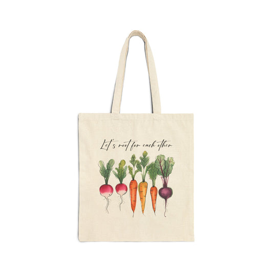 "Let's Root for Each Other" Rustic Vegetable Print Tote Bag, Eco-Friendly Grocery Bag, Market Tote, Reusable Shopping Bag, Gift for Garden Lovers, Summer Vibes