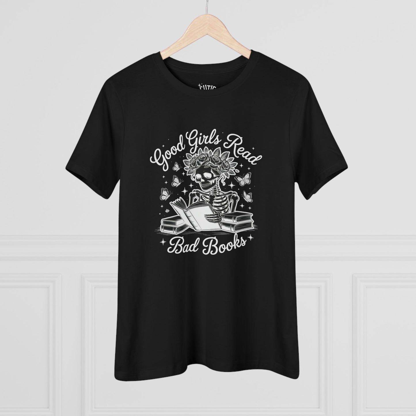 Reading Skeleton Cotton Tee, Good Girls Read Bad Books - Romantasy Book Lover Gift