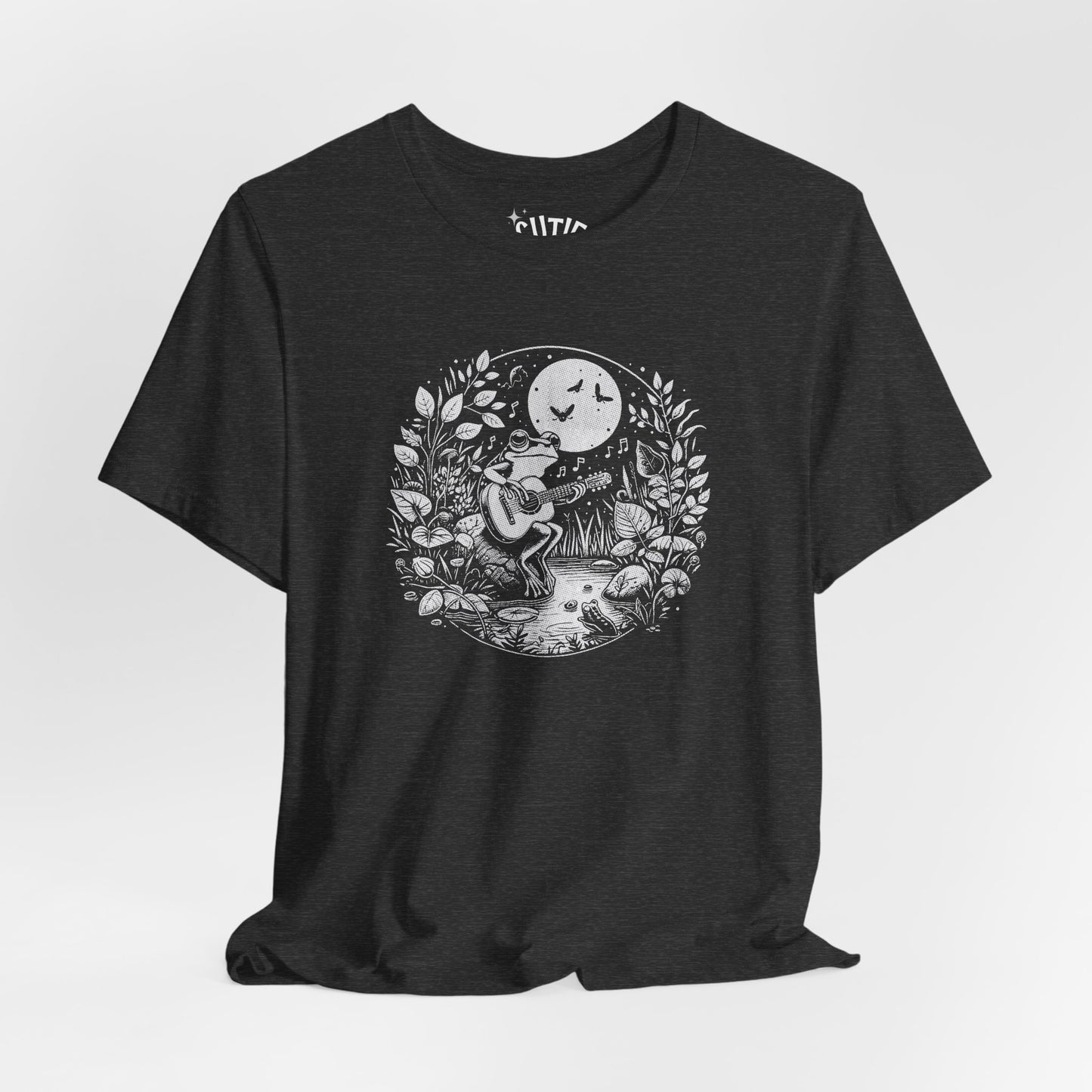 Frog with Guitar Nature Graphic Tee, Unisex Outdoor Shirt, Casual Wear, Gift for Nature Lovers, Music Theme Apparel, Bohemian Style Clothing
