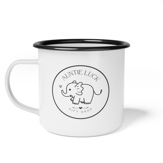 Signature Auntie Luck Logo Enamel Camp Cup - Perfect Gift for Animal Lovers, Cute Coffee Mug for Camping, Birthday, or Home Use