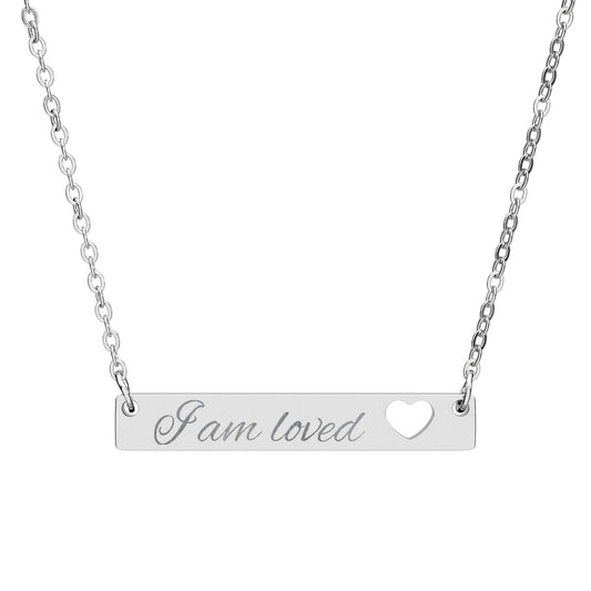 Cutout Heart Bar Necklace — "I Am Loved" Engraved Affirmation Jewelry