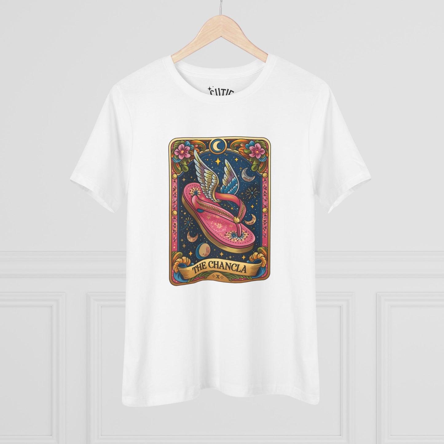 The Chancla Tarot Card Women's Cotton Tee - Boho Funny Winged Sandal Shirt