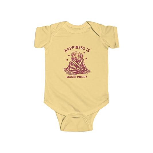 Baby Onesie "Happiness Is a Warm Puppy" - Retro Puppy in Blanket