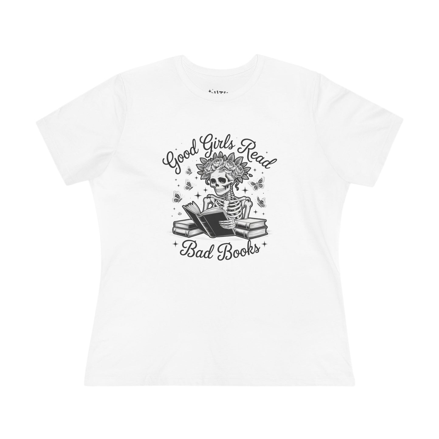 Reading Skeleton Cotton Tee, Good Girls Read Bad Books - Romantasy Book Lover Gift