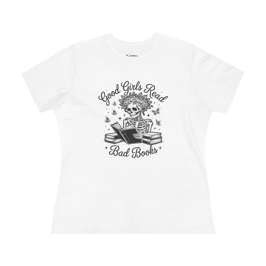 Reading Skeleton Cotton Tee, Good Girls Read Bad Books - Romantasy Book Lover Gift