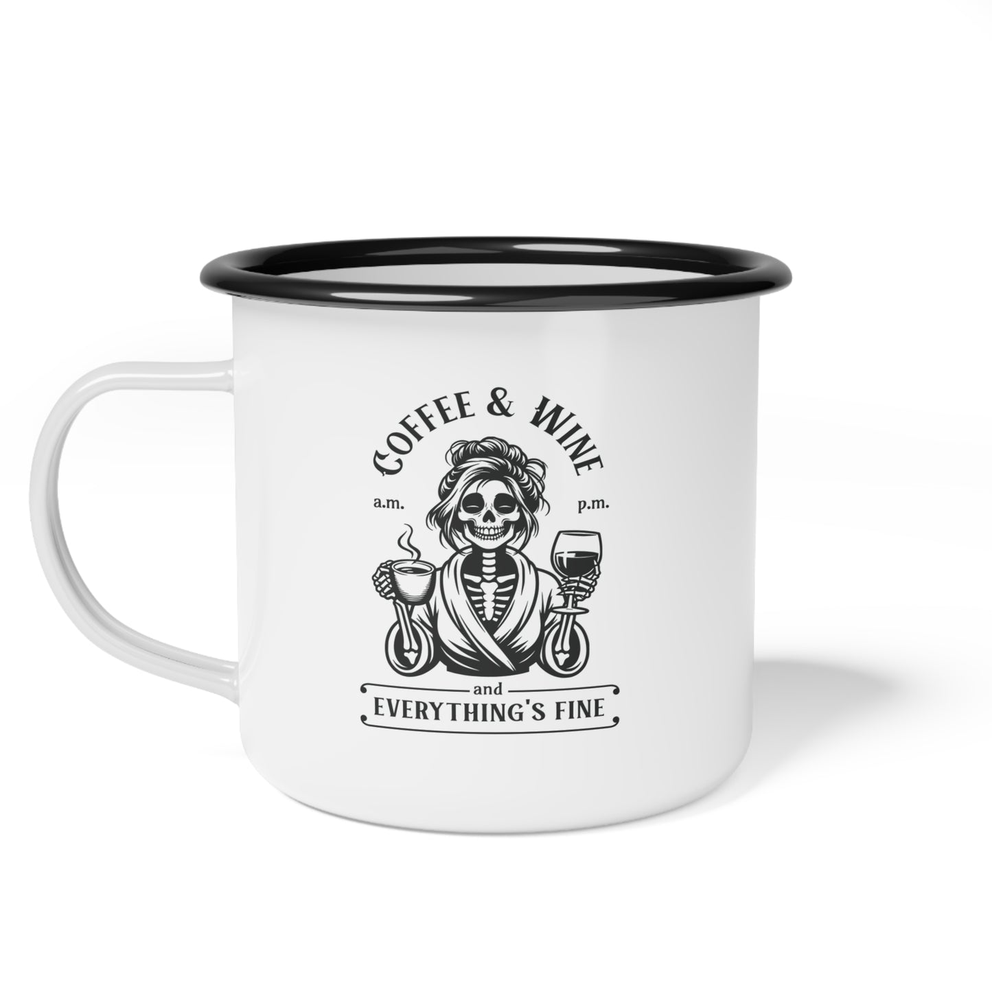 Enamel Camp Cup Mug - Skeleton Coffee & Wine Retro Design