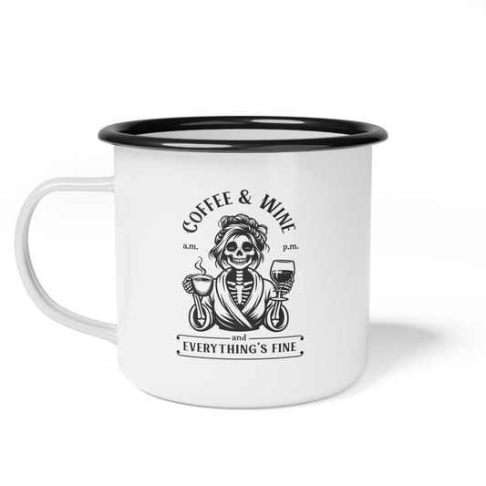 Enamel Camp Cup Mug - Skeleton Coffee & Wine Retro Design