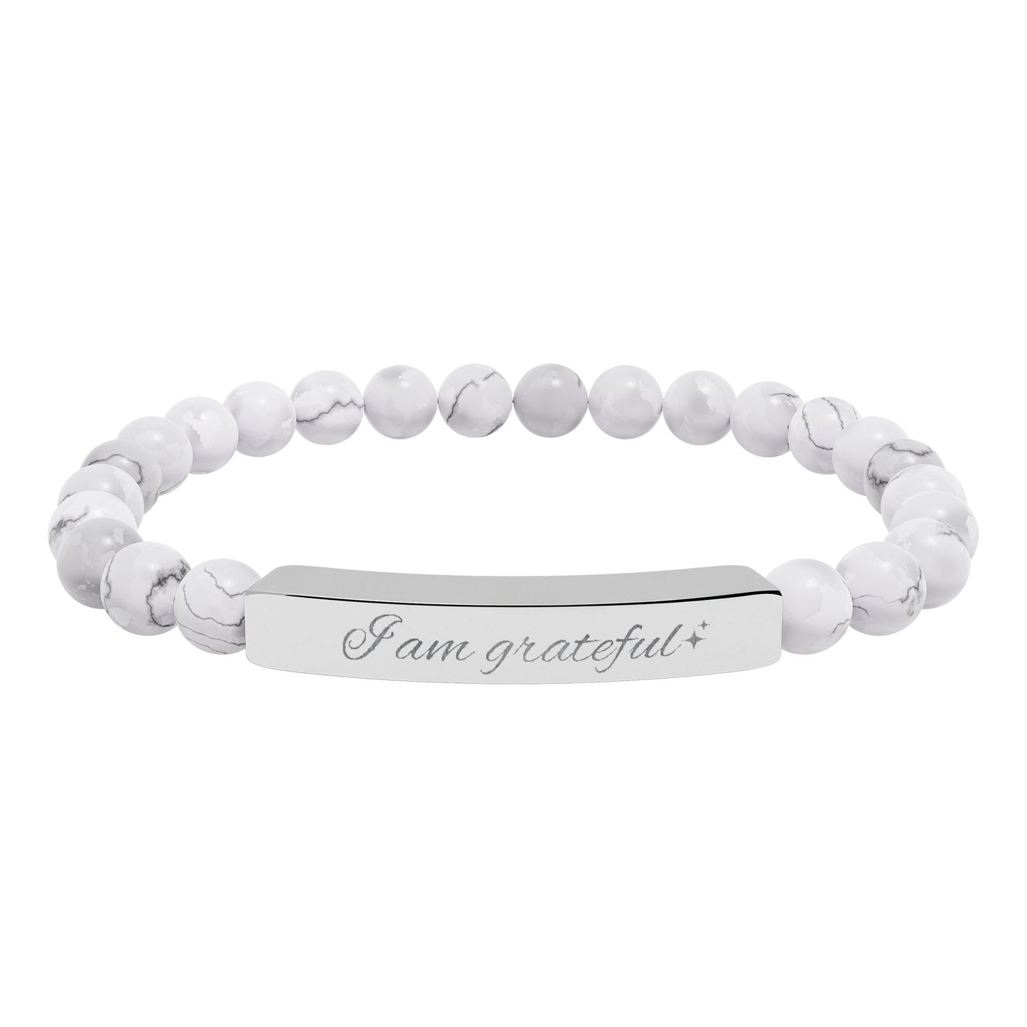 Engraved Natural Stone Stretch Bar Bracelet — "I am Grateful"