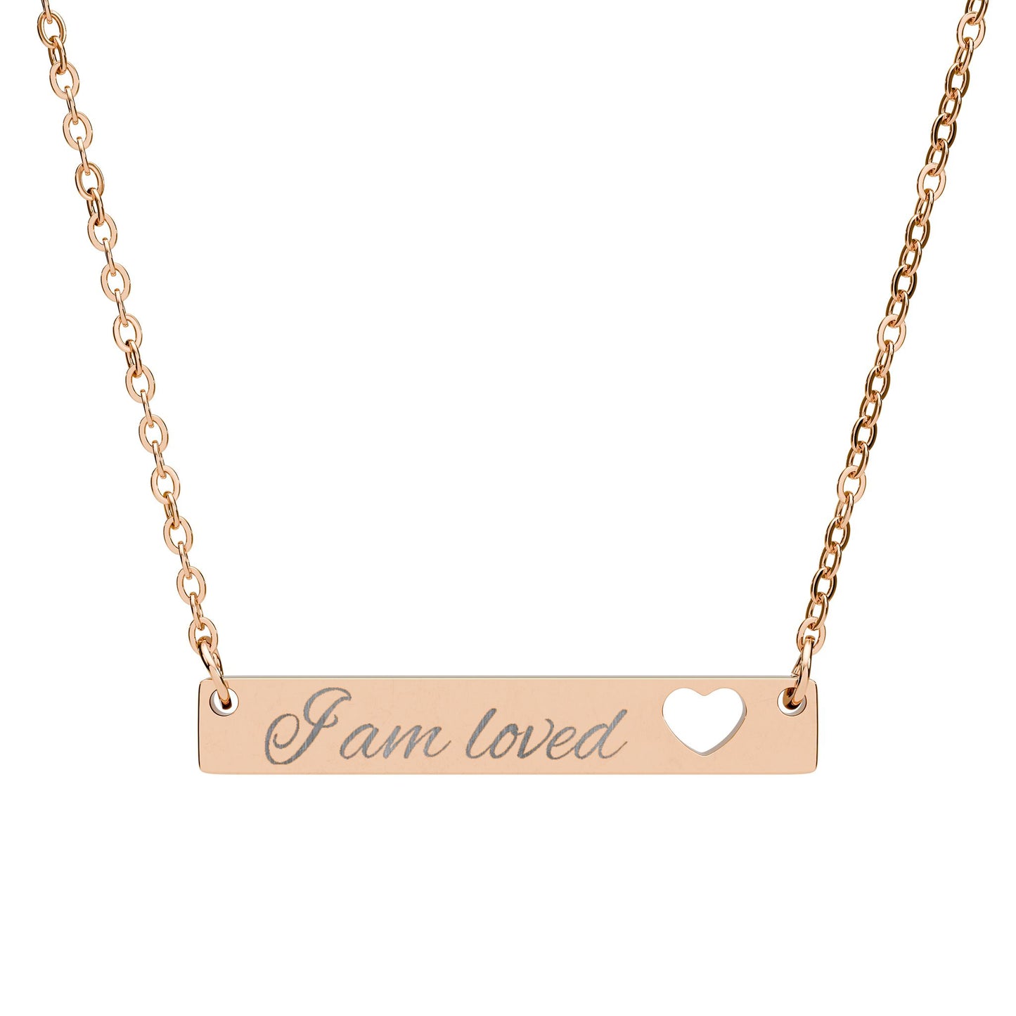 Cutout Heart Bar Necklace — "I Am Loved" Engraved Affirmation Jewelry