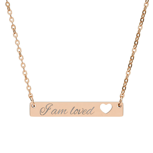 Cutout Heart Bar Necklace — "I Am Loved" Engraved Affirmation Jewelry