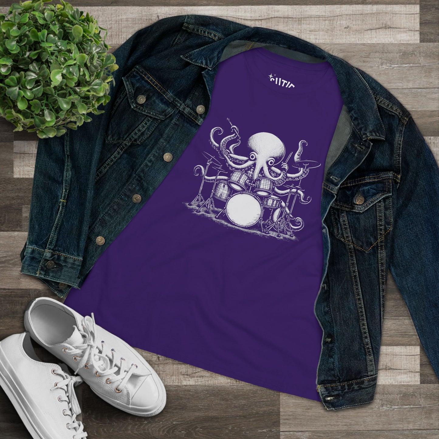 Octopus Drummer Women's Cotton Tee - Music Lover Whimsical Tee
