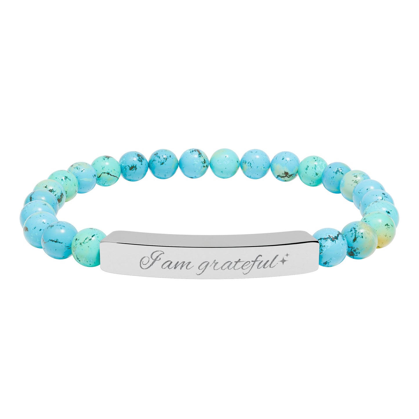 Engraved Natural Stone Stretch Bar Bracelet — "I am Grateful"