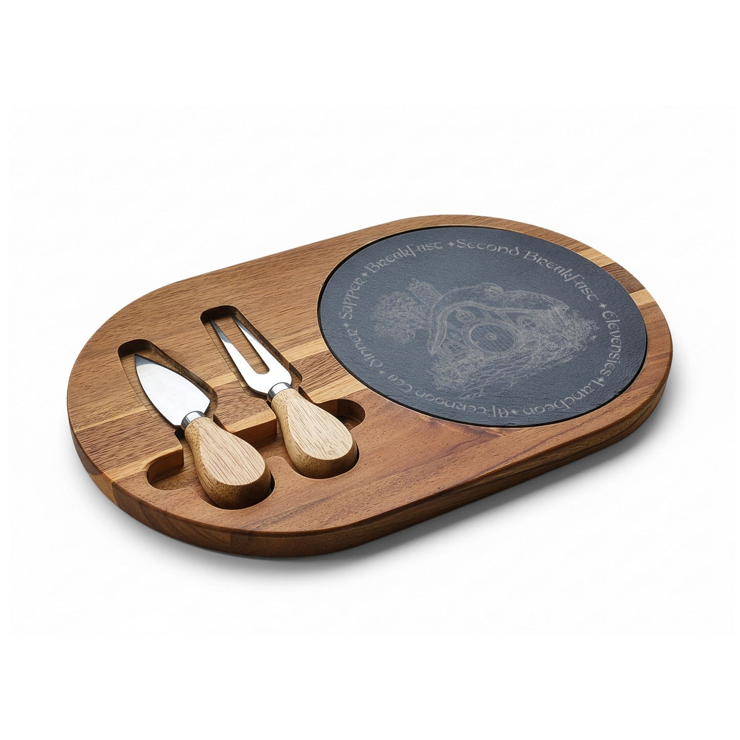 Hobbit Meals Engraved Bamboo Charcuterie Board with Slate Insert & Cheese Tool