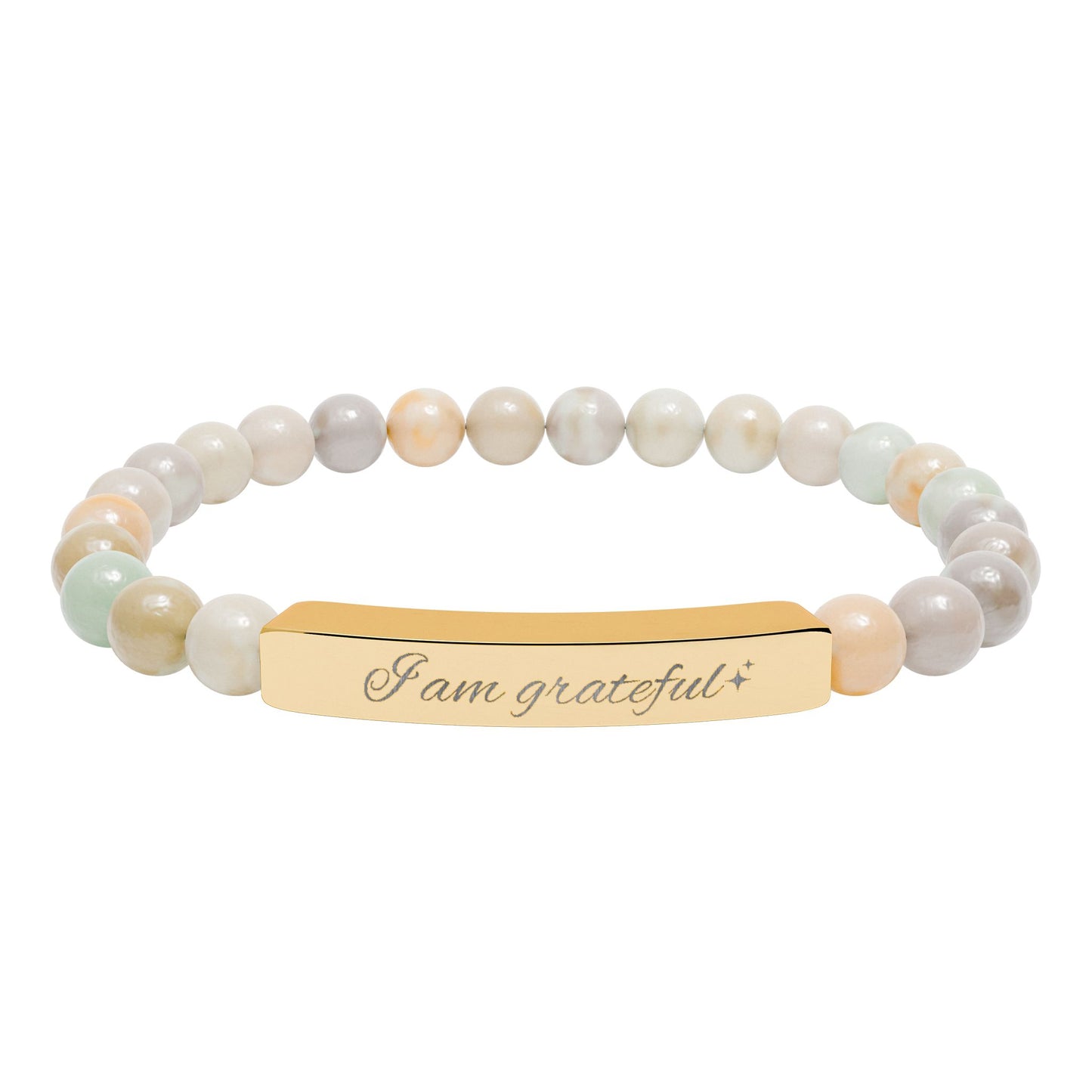 Engraved Natural Stone Stretch Bar Bracelet — "I am Grateful"