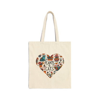 Plants & Cats Lover Cotton Tote Bag, Eco-Friendly Shopping Bag, Gift for Cat Owners, Floral Cat Tote, Boho Style Bag