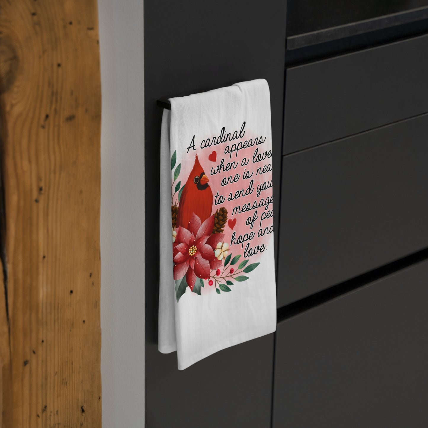 Cardinal Tea Towel with Message of Peace and Love, Kitchen Decor, Gift for Bird Lovers, Holiday Table Setting, Housewarming Gift