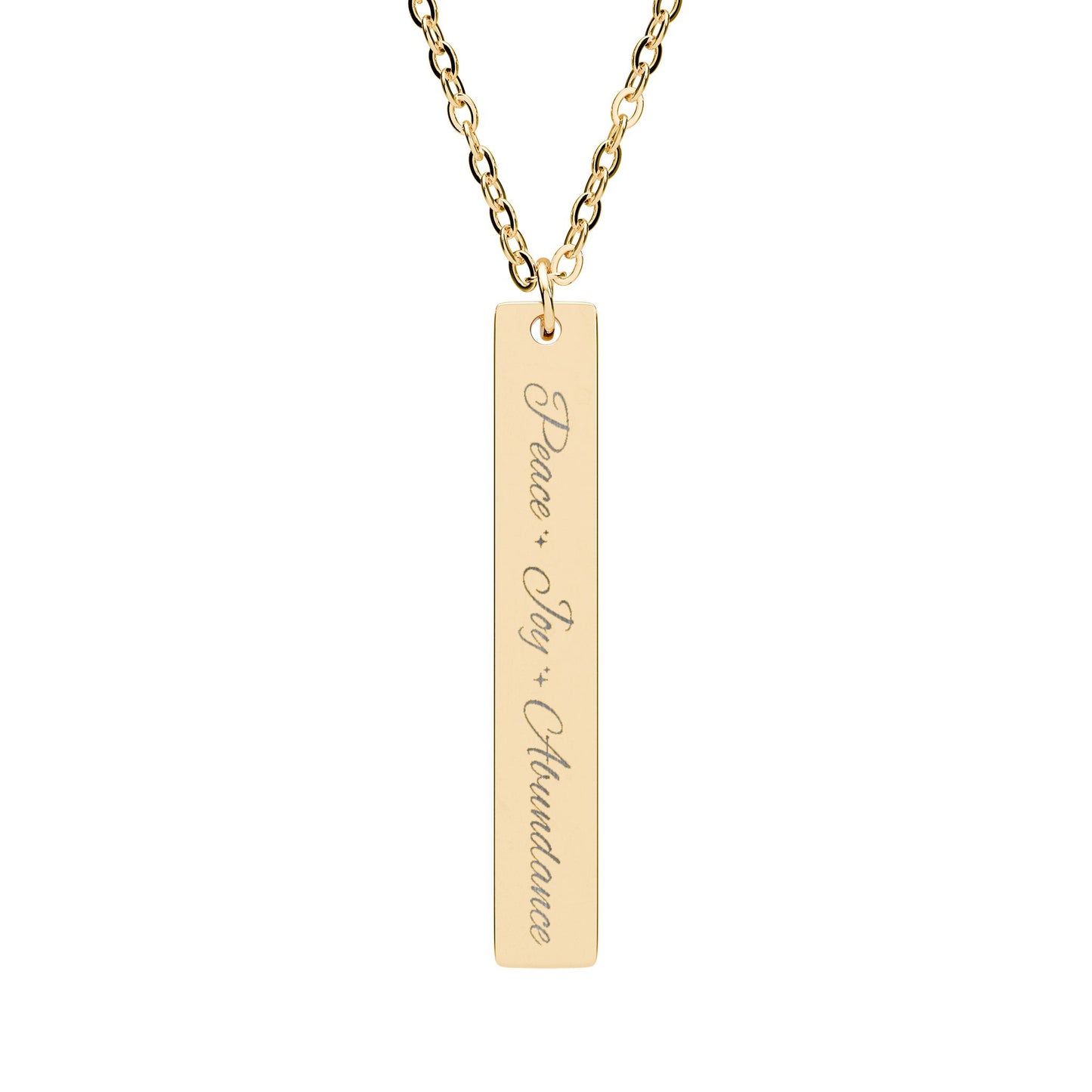 Peace Joy Abundance Engraved Vertical Bar Necklace — Good Vibes Pendant