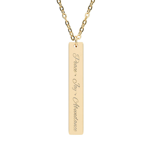 Peace Joy Abundance Engraved Vertical Bar Necklace — Good Vibes Pendant