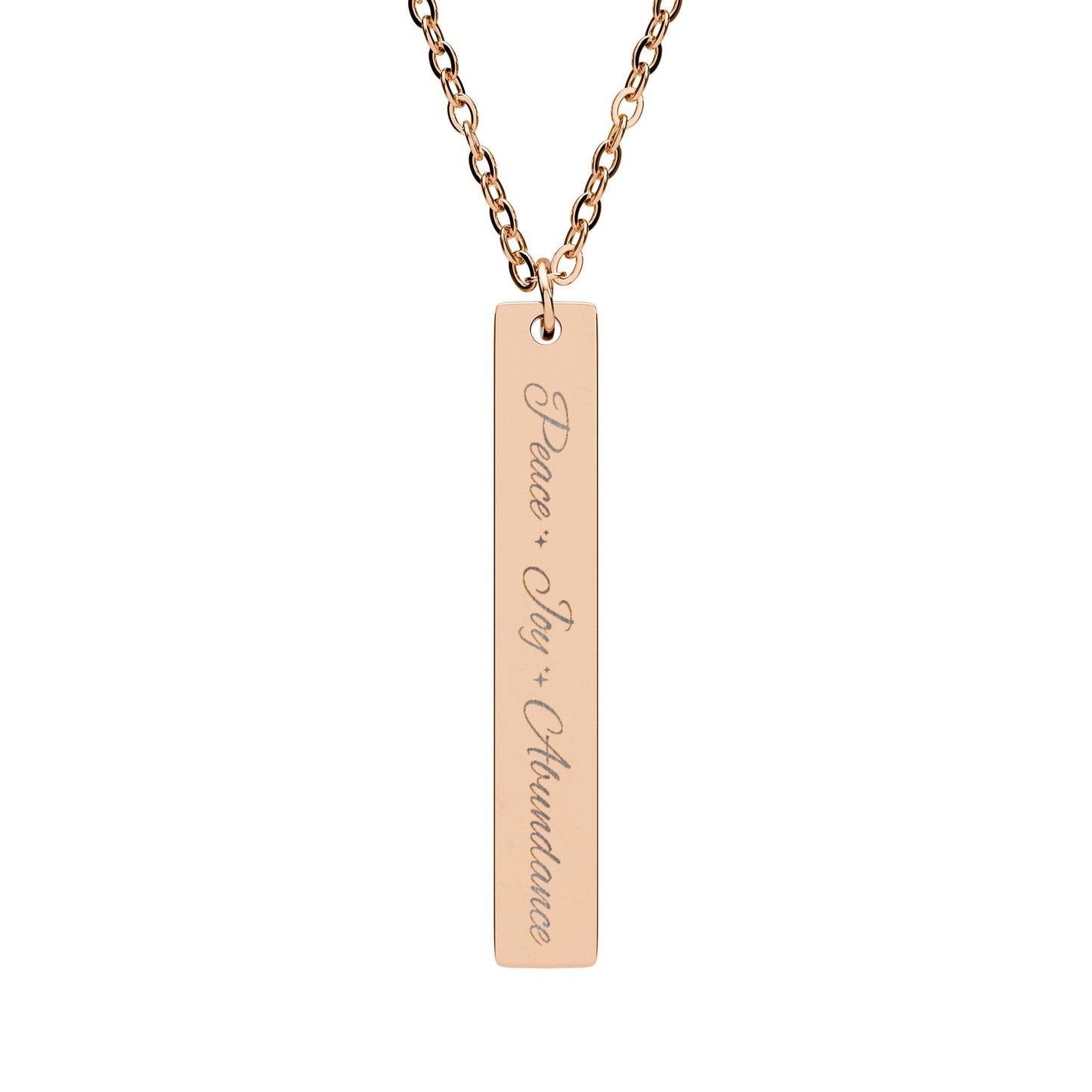 Peace Joy Abundance Engraved Vertical Bar Necklace — Good Vibes Pendant