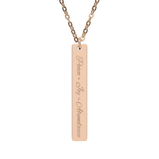 Peace Joy Abundance Engraved Vertical Bar Necklace — Good Vibes Pendant